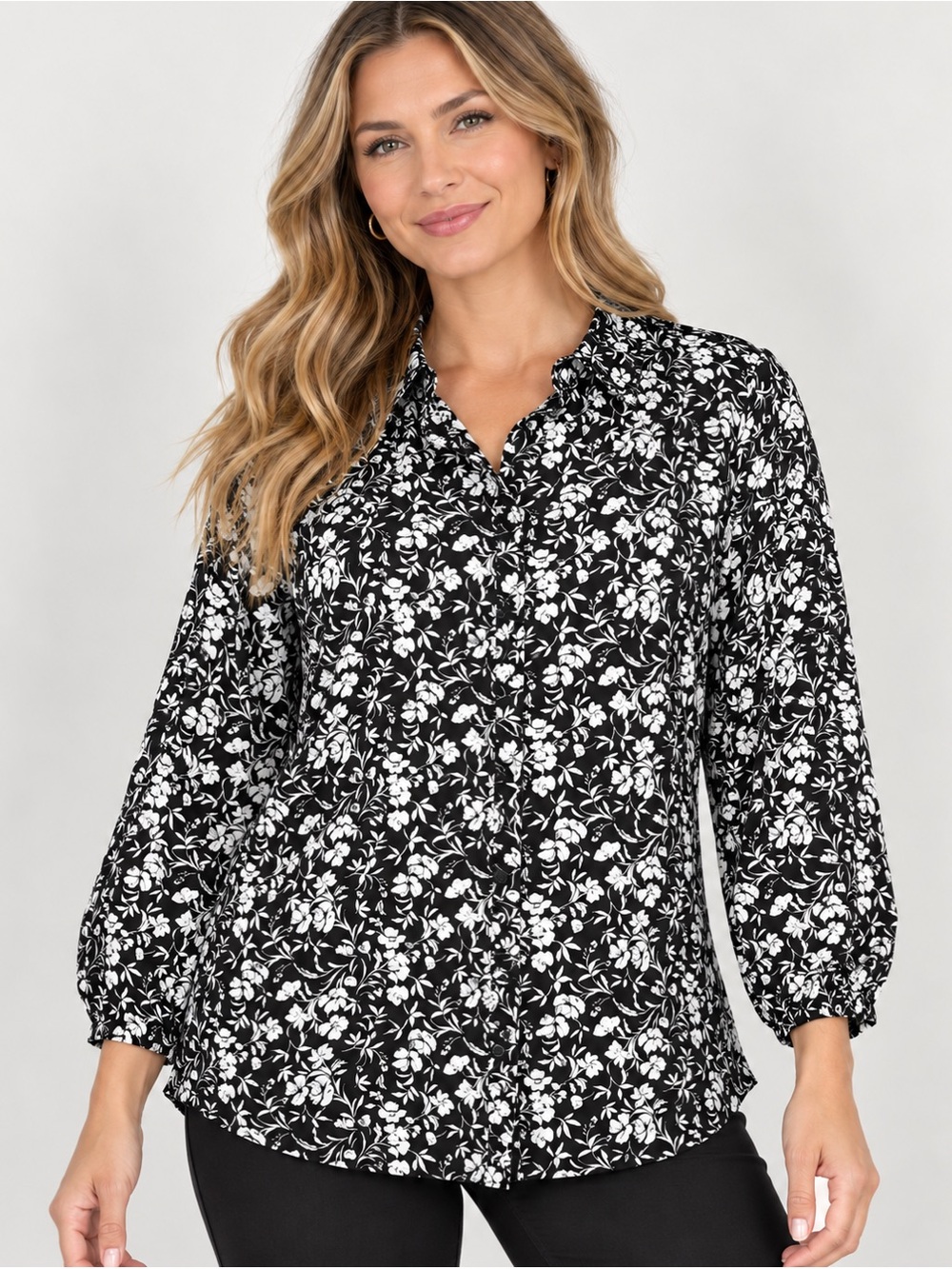 Adrianna Papell Black & White Floral Button-Down Blouse